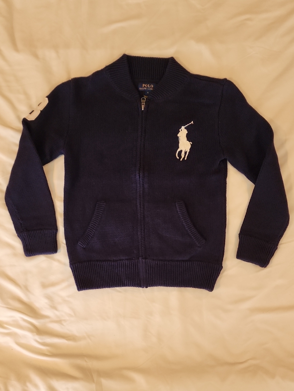 Polo by Ralph Lauren Navy Kids Zip Cardigan with White Pony - Size 6